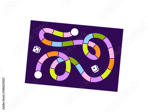Snakes and ladders board game. Map of boardgame with dices to play. Maze with pieces of path to step. Childish entertainment, kids amusement. Flat isolated vector illustration on white background