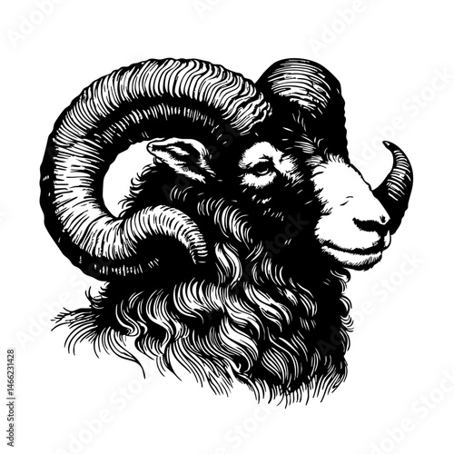Vintage black and white ink illustration of a ram with large curled horns, isolated on white background, rustic countryside farm style, detailed classic sketch.