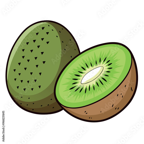 A vibrant full kiwi sits beside its halved counterpart, creating a fresh with transparent background