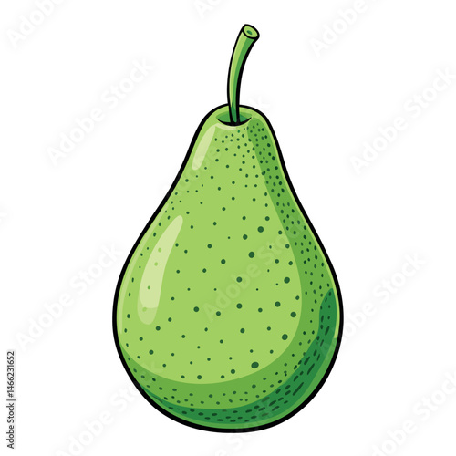 A vibrant green pear showcases speckled skin and a contrasting black outline on a white background