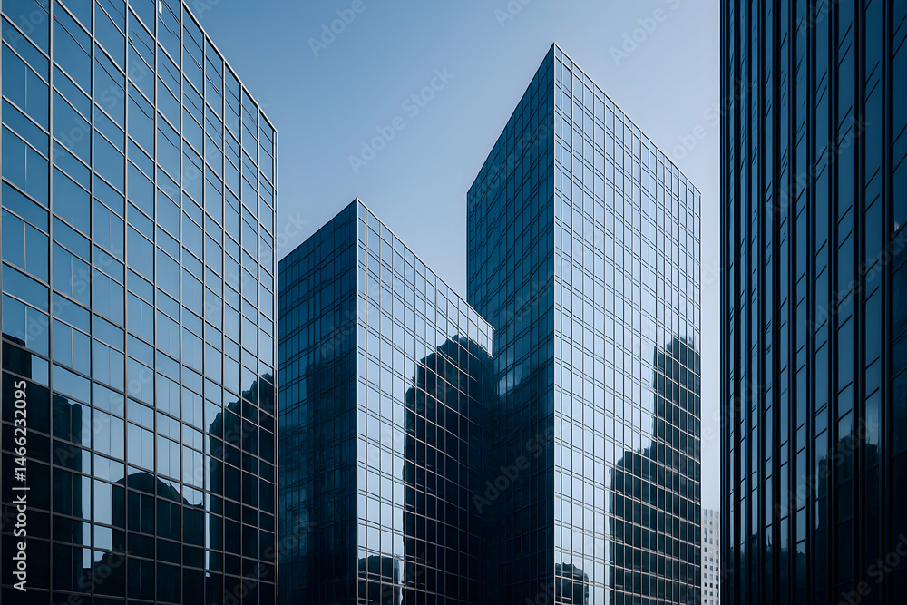 Modern skyscrapers with glass facades and reflections.