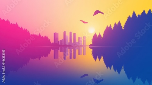 Pixelated cityscape at sunset with reflection in water tranquil nature scene with birds in flight and gradient color palette digital artwork