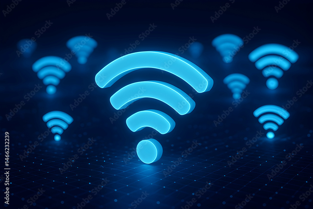Neon blue WiFi symbol in a digital space.