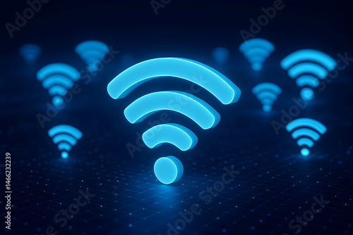 Neon blue WiFi symbol in a digital space.