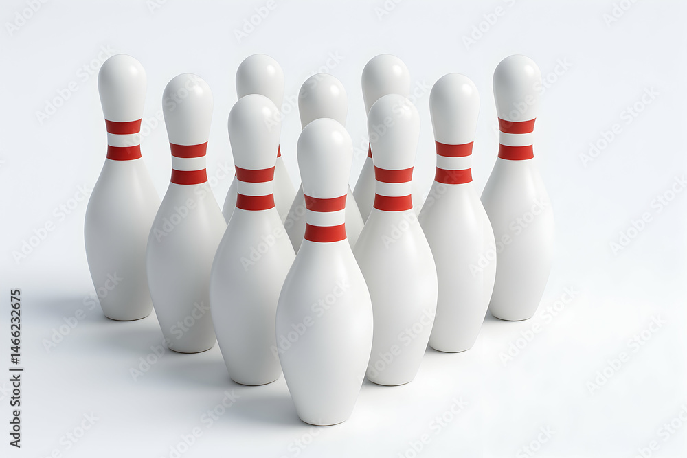 Set of ten white bowling pins arranged neatly.