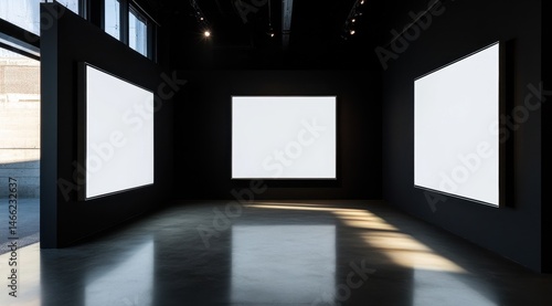 Dark gallery space with three blank canvases. Sunlight streams in