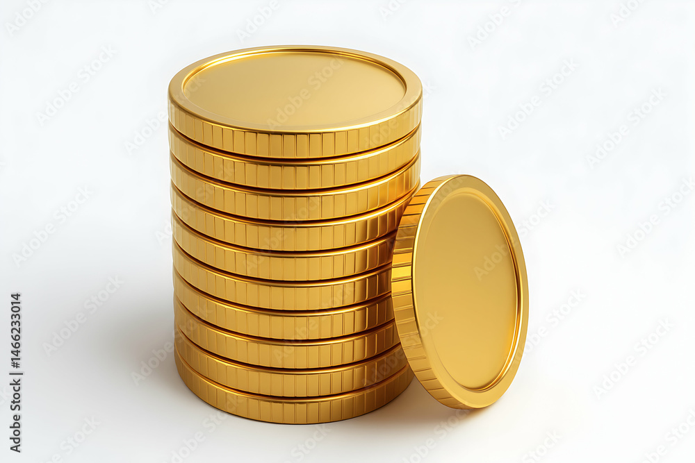 Stack of shiny gold coins on a white background.