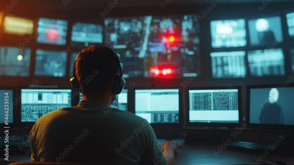 A man is sitting in front of a computer monitor with a headset on. He is looking at the screen with a serious expression. The room is filled with multiple computer monitors A man is sitting in front of a computer monitor with a headset on. He is looking at the screen with a serious expression. The room is filled with multiple computer monitors