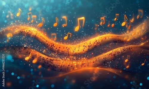 Musical Symphony of Lights: An artistic representation of musical notes dancing gracefully amidst waves of radiant light, blending the essence of melody and luminescence. 