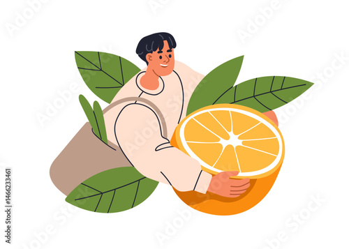 Man holding big natural orange fruit. Eco-friendly grocery shopping concept. Happy person with fresh organic healthy vitamin citrus, summer food. Flat vector illustration isolated on white background