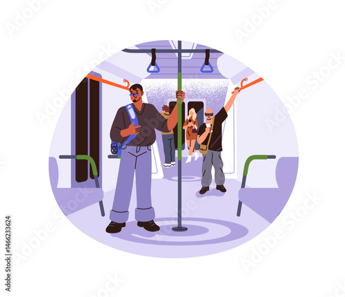 Passengers are inside subway carriage. People stand in aisle of underground coach and hold on handrail. Commuters ride in metro, railroad public transport. Flat isolated vector illustration on white