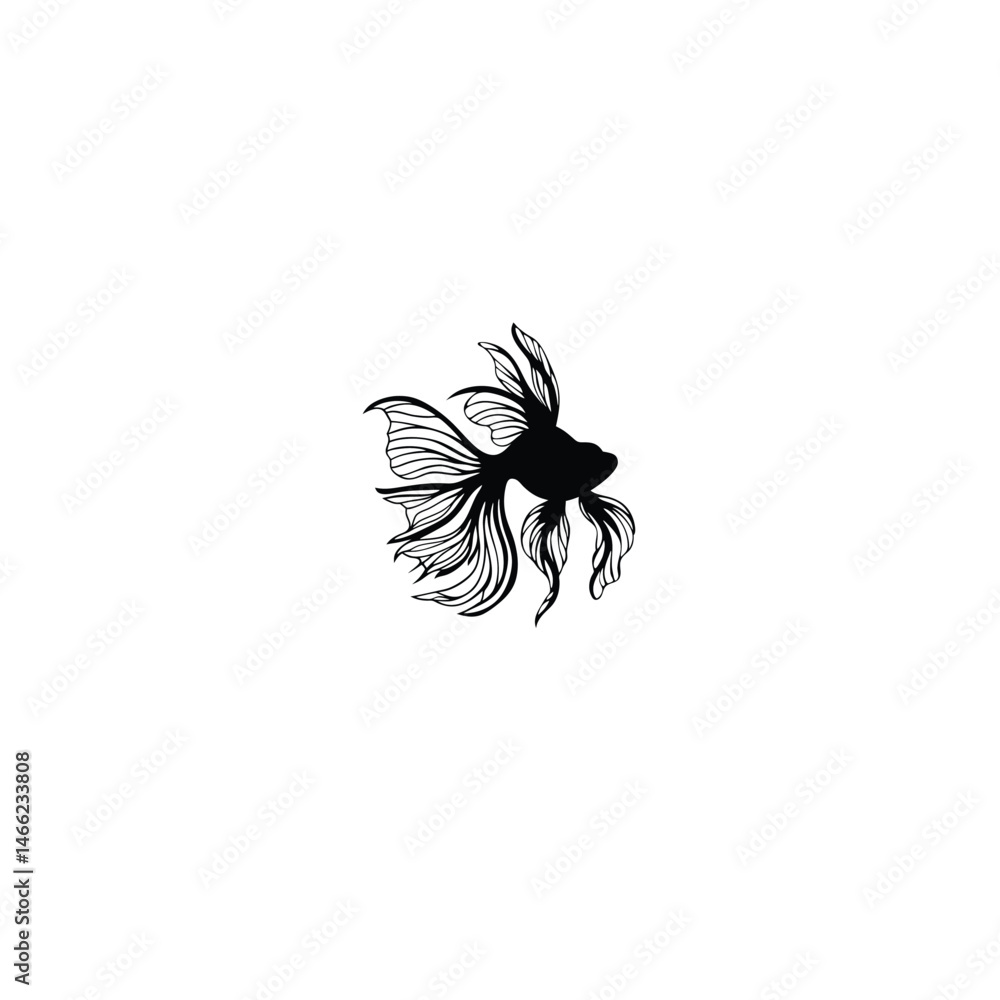 Elegant Goldfish with Flowing Fins silhouette on white background Elegant Goldfish with Flowing Fins silhouette on white background