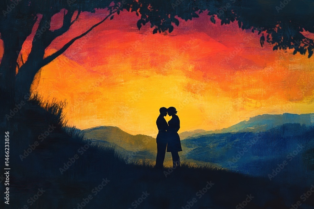 Fototapeta premium Intimate sunset scene with silhouettes of two people embracing