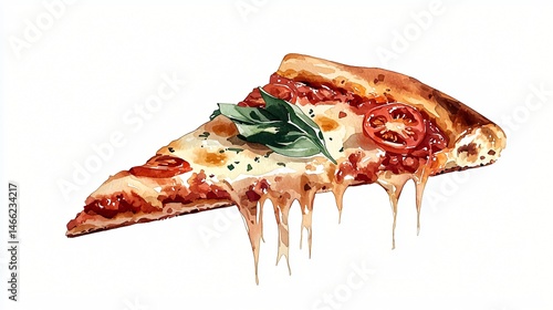 Artistic watercolor of a pizza slice with basil, tomato, and mozzarella, bright Mediterranean tones, textured crust and open side margin
