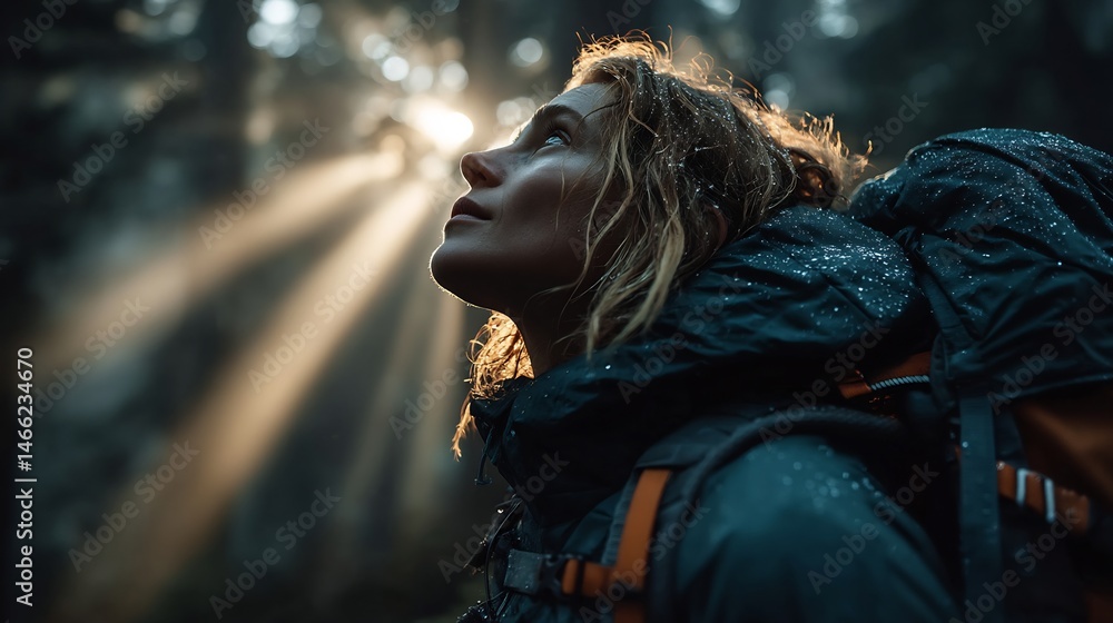 Woman hiker with sun rays, forest, and adventure.
