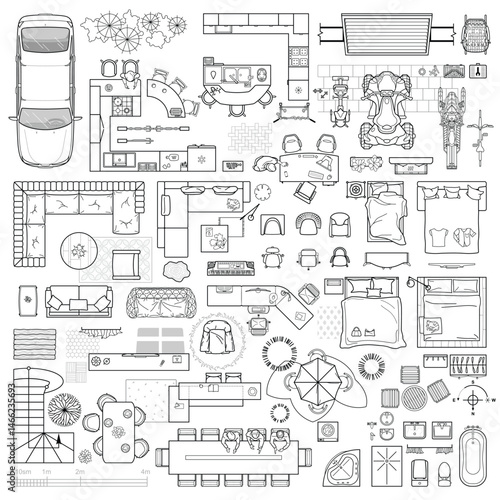 Home furniture in top view for apartments and houses plan. Indoor layouts and apartment design, technical drawing. Interior icon for bathrooms, living room, kitchen, bedroom. Vector floor plan set