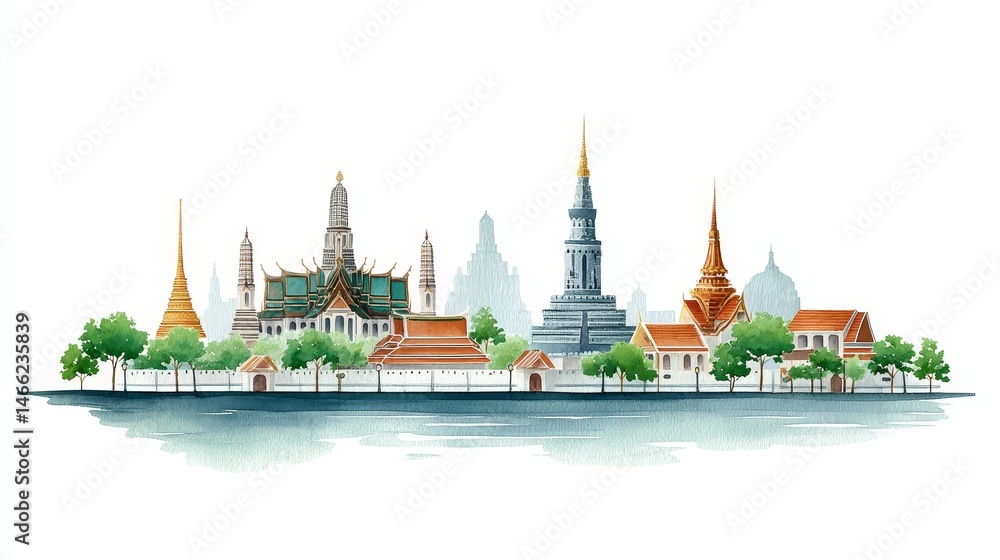 Naklejka premium Bangkok Skyline Watercolor Painting - Vibrant watercolor painting of Bangkok's iconic skyline, featuring temples, palaces, and the Chao Phraya River. Symbolizing culture, history, tourism, serenity