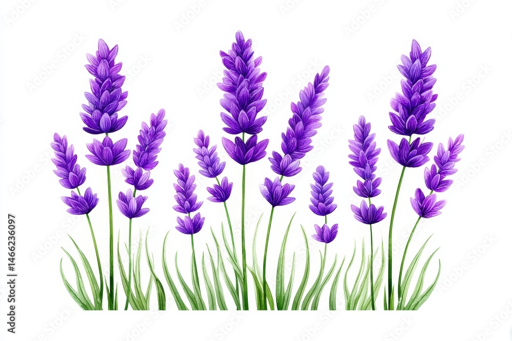 Fototapeta premium Blooming Lavender Watercolor - Serene watercolor painting of lavender blossoms, symbolizing tranquility, purity, grace, remembrance, and healing