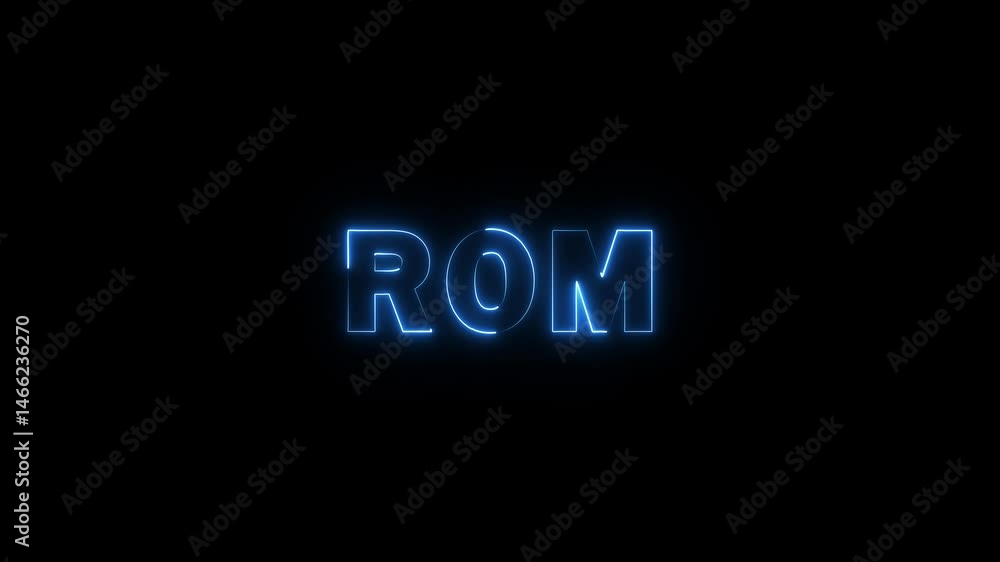 Glowing neon rom text animation. Alpha matte on a black background 4K resolution. Glowing neon rom text animation. Alpha matte on a black background 4K resolution.