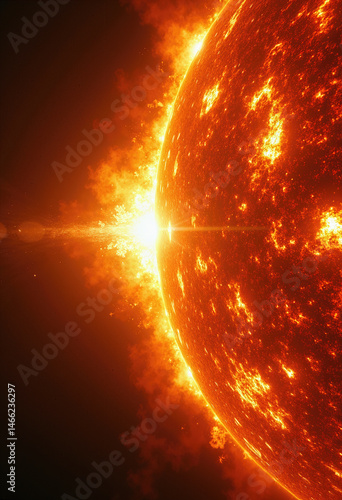 Witness the Fury of the Sun: Hyperrealistic Close-Up of Violent Solar Flares and Erupting Plasma, a Dance of Destruction and Beauty Perfect for Sci-Fi Projects and Extreme Weather Visualizations.
