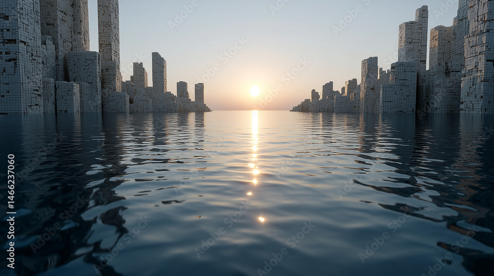 Fototapeta premium Dreamscape City at Sunset: A serene scene depicts a futuristic city rising from calm waters, reflecting the warm hues of a setting sun, evoking a sense of tranquility and wonder. 