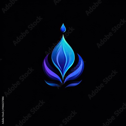 A lone blue water drop on a black background reflects an abstract light like a tiny, cool flame
