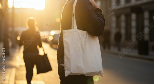 AI image of a person carrying a blank white canvas tote bag on a city street during a beautiful, warm golden hour sunset.