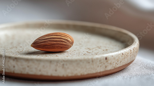 Single Almond: A solitary almond, poised perfectly on a rustic, hand-crafted ceramic dish, exudes an aura of quiet simplicity and elegance. This image, captured in soft, natural light.