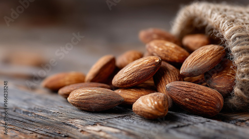 Almonds on Wooden Table: A close-up shot of fresh almonds spilling from a rustic burlap sack onto a weathered wooden table. Capturing the essence of natural goodness and wholesome snacks.