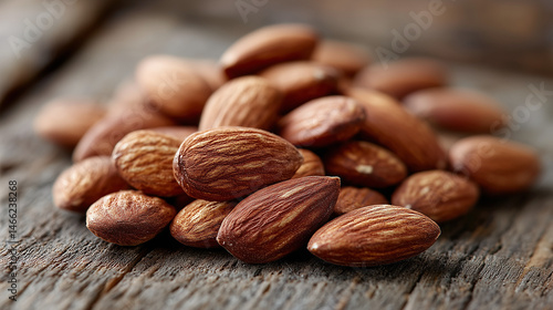 Nuts Treasure: A close-up of a cluster of almonds, showcasing their natural texture and subtle variations, resting on a weathered wooden surface, inviting a taste of pure simplicity.