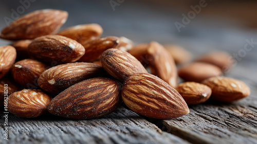 Almonds on weathered surface: A close-up shot of a pile of raw, unadulterated almonds, their textured surfaces set against the rustic backdrop of a weathered wooden surface.