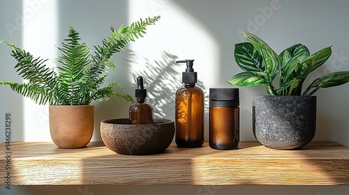 Natural skincare products on a wooden shelf