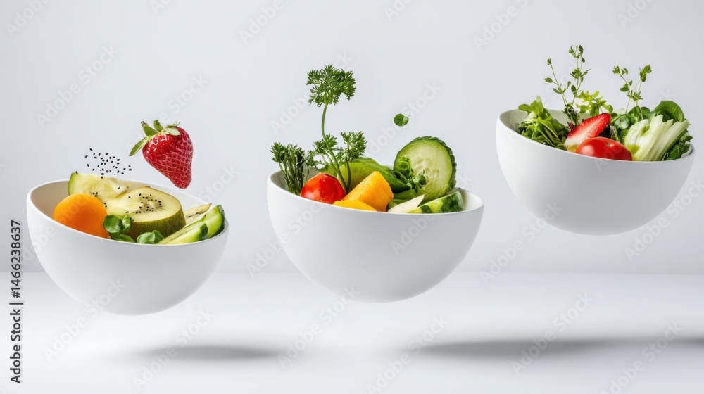 Assorted fruit and vegetable dishes floating mid-air against white backdrop Assorted fruit and vegetable dishes floating mid-air against white backdrop