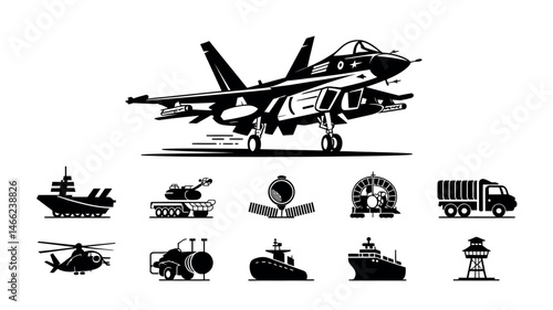 Military Vehicles Icons Jet Tank Ship Helicopter Submarine Radar Art