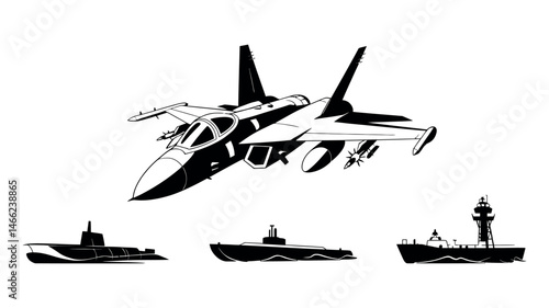 Jet Fighter Submarine Battleship Aircraft Carrier Military Vector Art