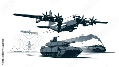 Military Transport Tank Plane Satellite Radar Steam Train Illustration