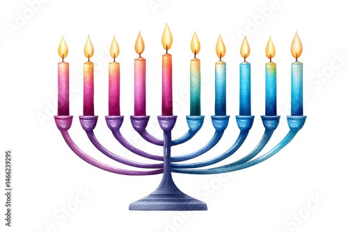 Colorful Menorah with Lit Candles - A vibrant watercolor illustration of a menorah with nine brightly colored candles lit, perfect for Hanukkah celebrations