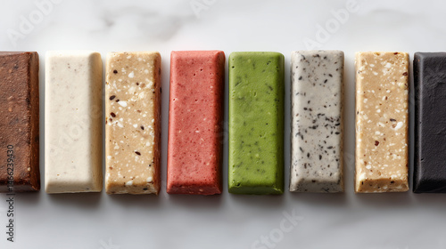Energy Bars Display: A colorful array of protein-packed energy bars displayed against a marble surface. each bar is showcasing its unique flavors and ingredients.