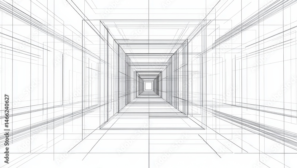 Perspective architectural sketch of a long, square-framed corridor. Detailed lines create a sense of depth and receding space Perspective architectural sketch of a long, square-framed corridor. Detailed lines create a sense of depth and receding space