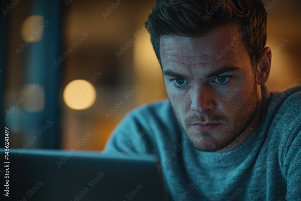A man intensely focused on his laptop screen in a dimly lit room, late at night. A man intensely focused on his laptop screen in a dimly lit room, late at night.