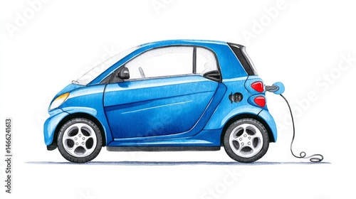 Electric Vehicle Charging Illustration - Watercolor illustration of a blue electric car plugged into a charging station, isolated on white background. Clean energy, eco-friendly transport