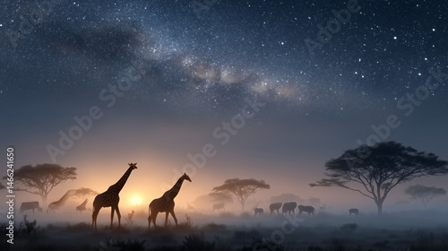 Giraffes Silhouetted under ...