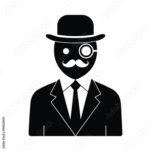 Black silhouette illustration of a gentleman wearing a bowler hat monocle and a stylish mustache