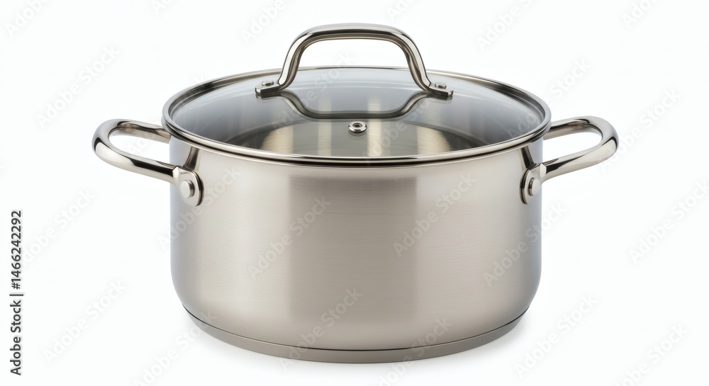 AI image of a shiny stainless steel cooking pot with a clear glass lid, isolated on a white background. AI image of a shiny stainless steel cooking pot with a clear glass lid, isolated on a white background.