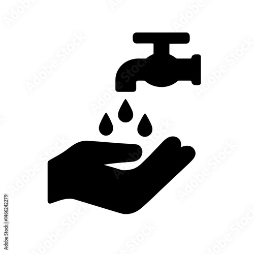 Solid hand washing icon under faucet with water drops