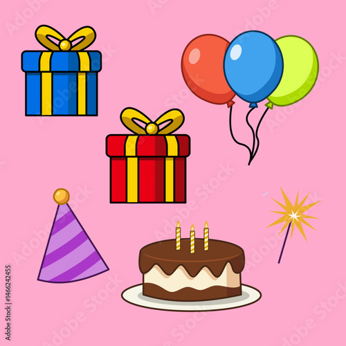 Set of Elements Birthday Party Vector Illustration Cartoon Flat Design