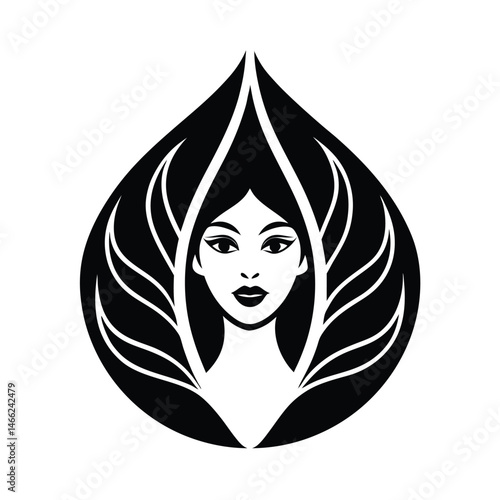 Elegant black and white illustration featuring a woman's face enclosed in a leafy abstract floral shape