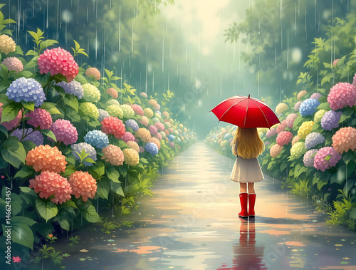 雨の中カラフルな紫陽花の咲く道に立つ赤い傘をさした女の子の後ろ姿
