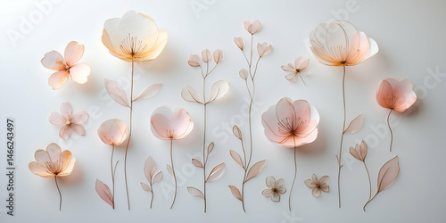 Delicate floral arrangement with translucent petals on clean white background