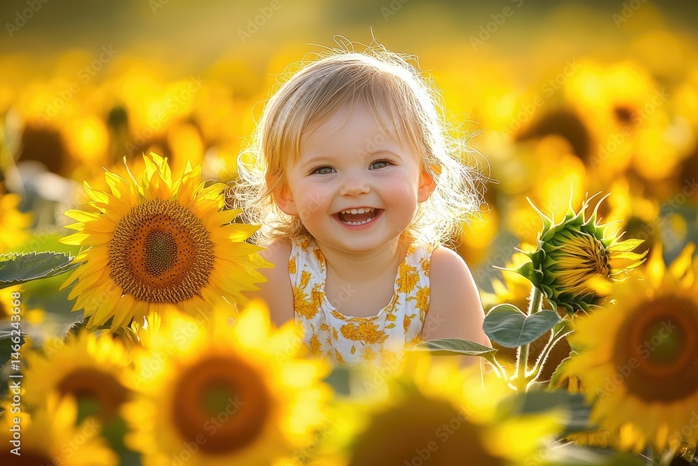 A joyful toddler beams amidst a vibrant sunflower field, bathed in golden sunlight. A joyful toddler beams amidst a vibrant sunflower field, bathed in golden sunlight.